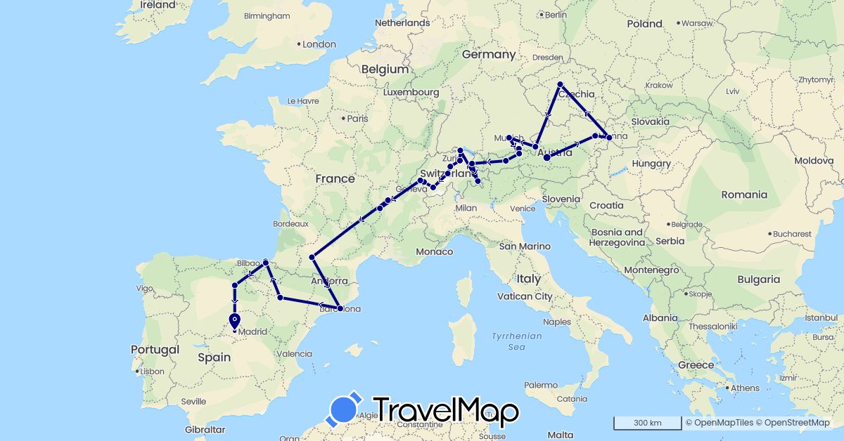 TravelMap itinerary: driving in Austria, Switzerland, Czech Republic, Germany, Spain, France, Liechtenstein, Slovakia (Europe)